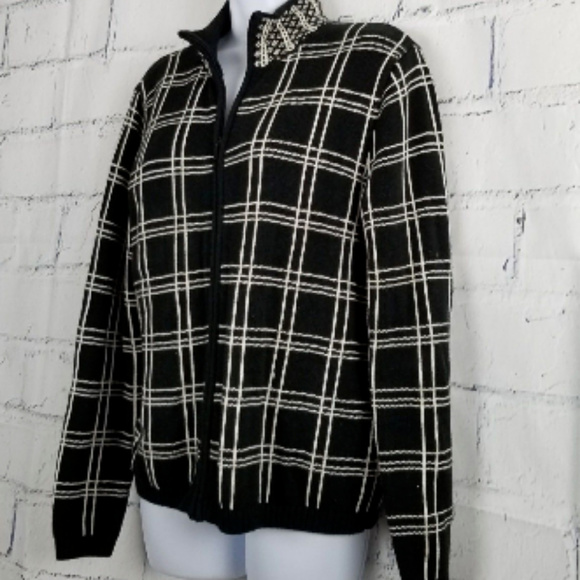 Talbots Cardigan Sweater Jacket Black White Plaid - Picture 4 of 8